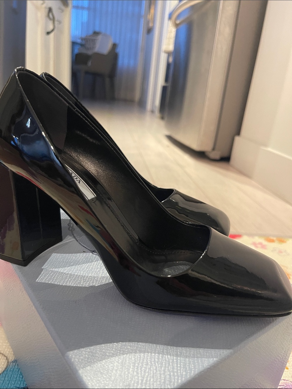Prada Black Patent Block Heel Pumps